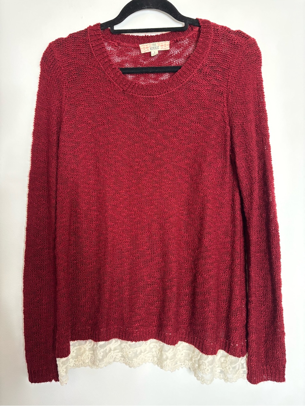 Pink Republic Red Crewneck Sweater with Cream Lace Hem